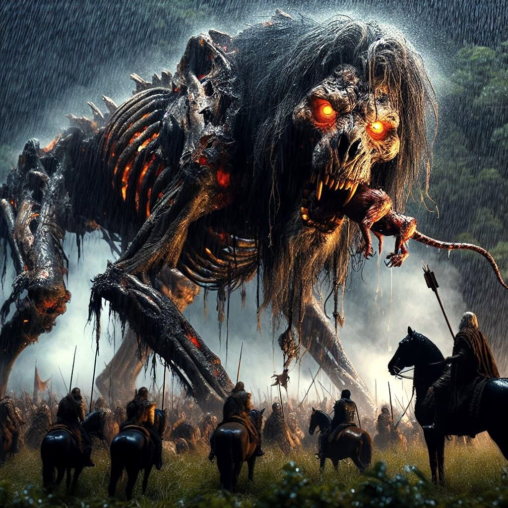 Colossal Skeletal Lion Confronts Brave Hunters