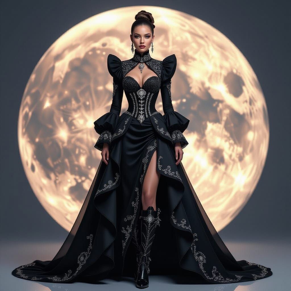 Futuristic Victorian Fashion Model Under Moon
