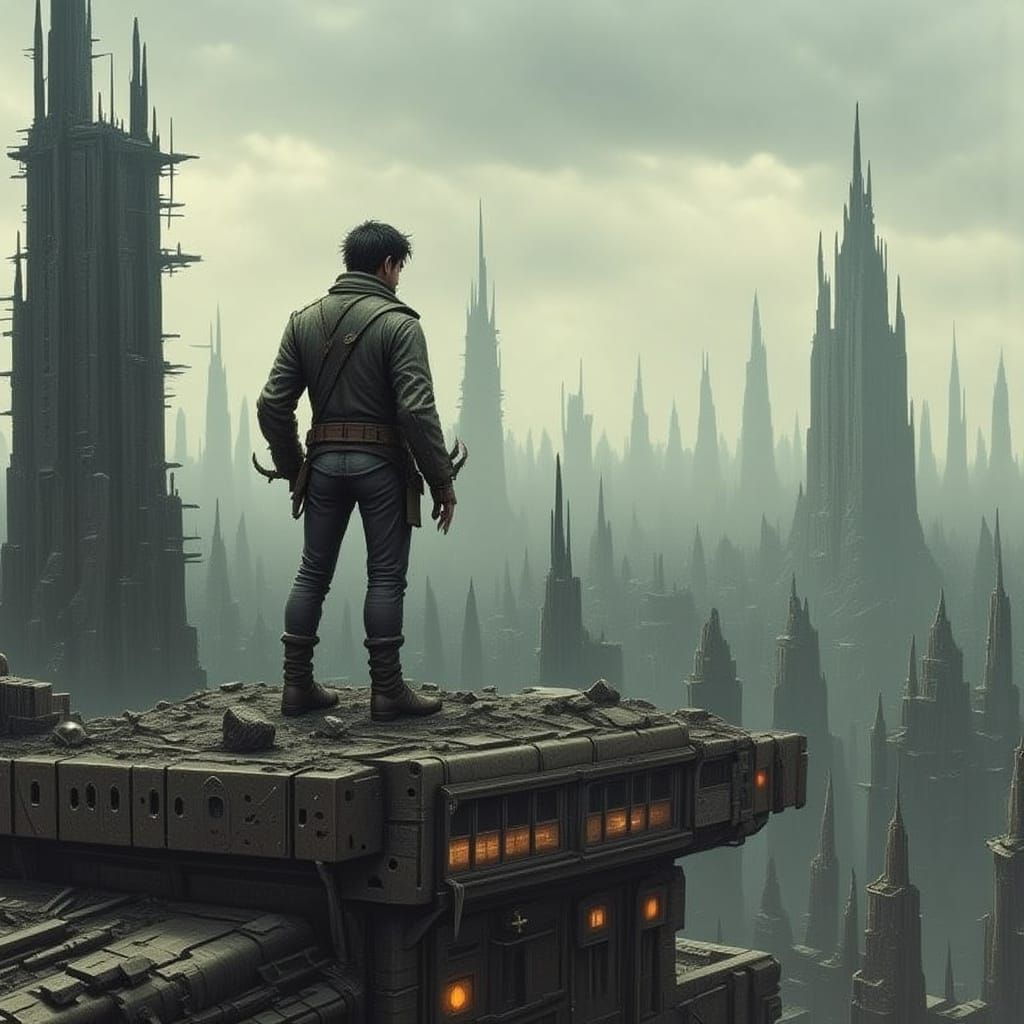 Post-Apocalyptic Figure Overlooking Ruined Cityscape