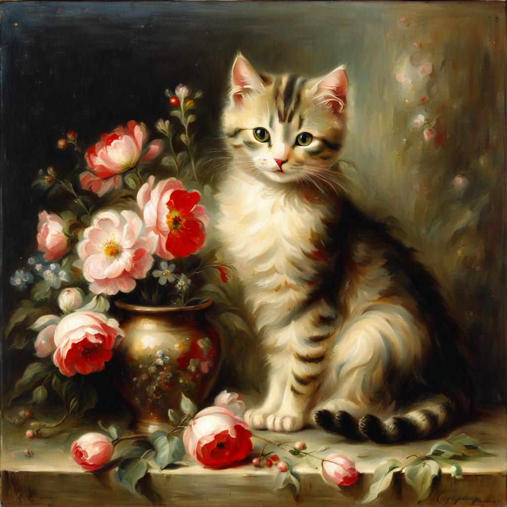 Cat with Flowers in Ethereal Style