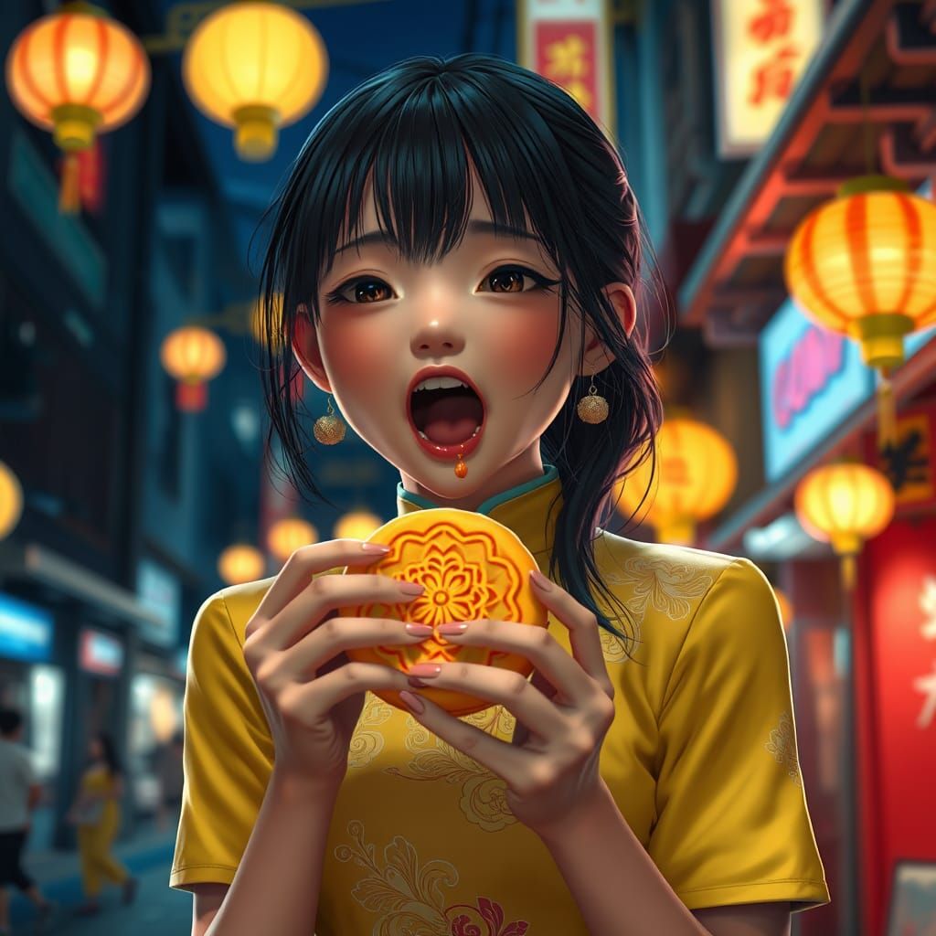 Girl in Cheongsam Eating Mooncake: 3D Anime Art
