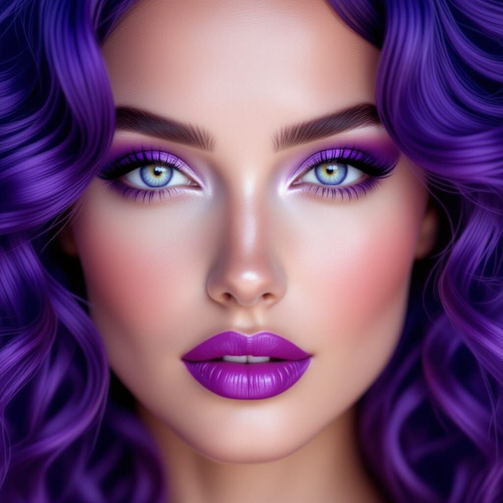 Glamorous Woman with Purple Hair and Porcelain Skin