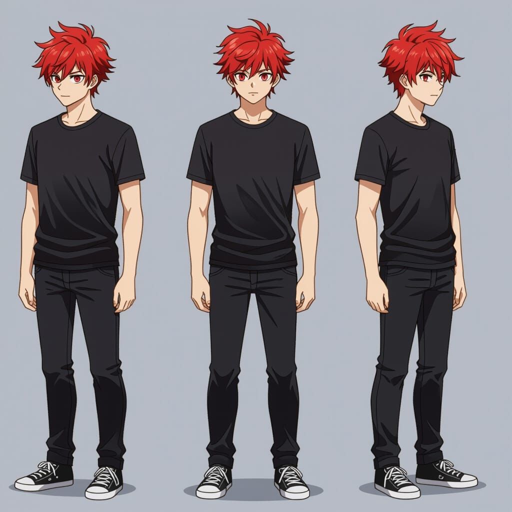 Anime Male Character Design with Red Hair and Red Eyes