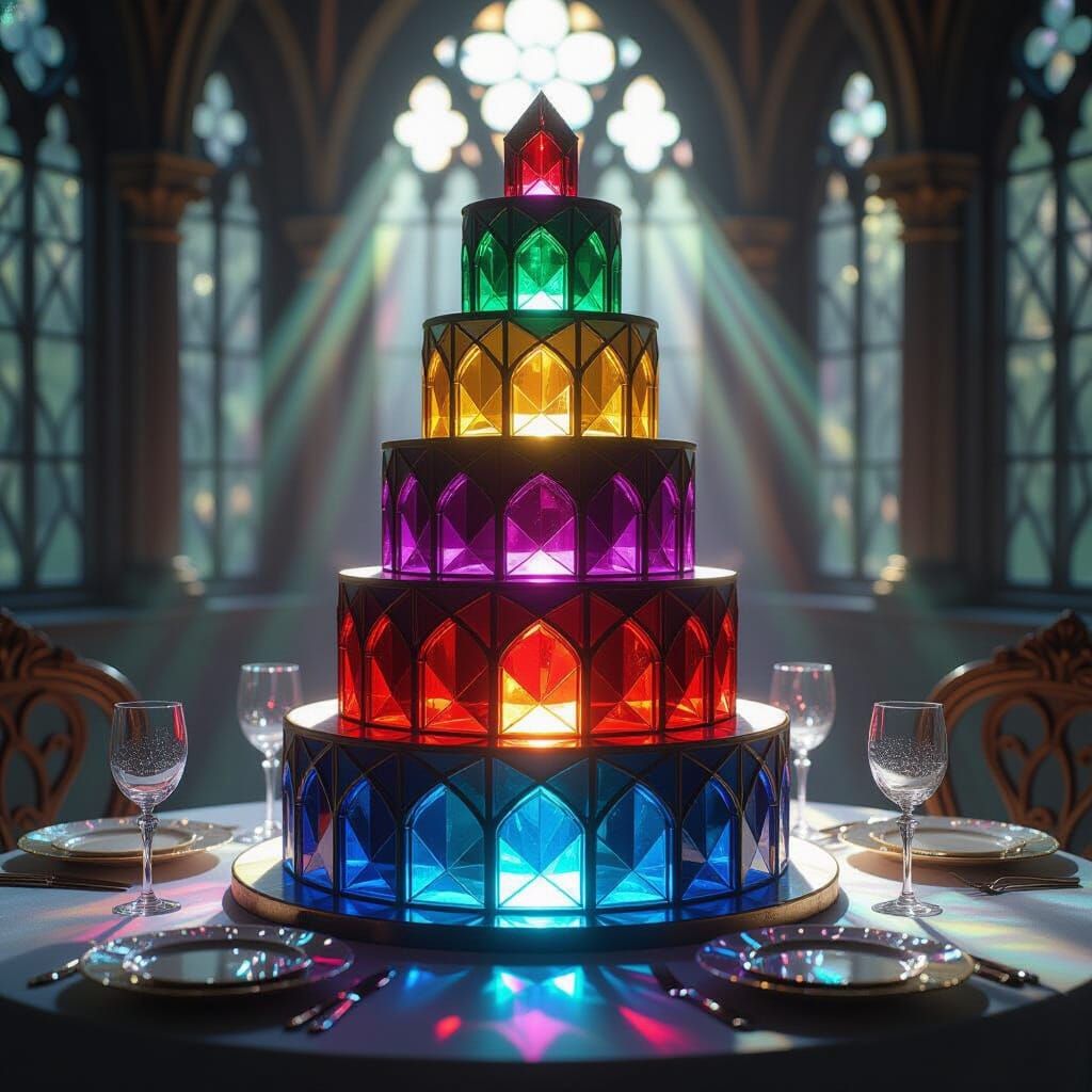 Stained Glass Cake with Prismatic Hues in Surreal Painterly ...