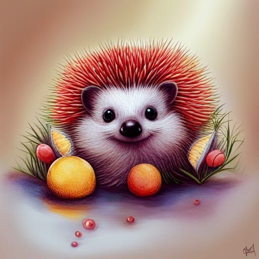 Colorful Baby Hedgehog with Flowers: Hyper-Realistic Illustr...