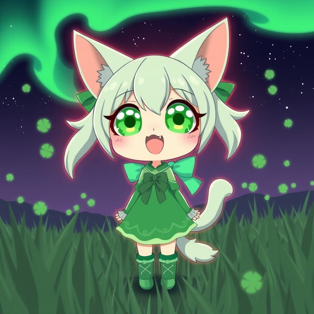 Whimsical Catgirl in Emerald Dreamscape