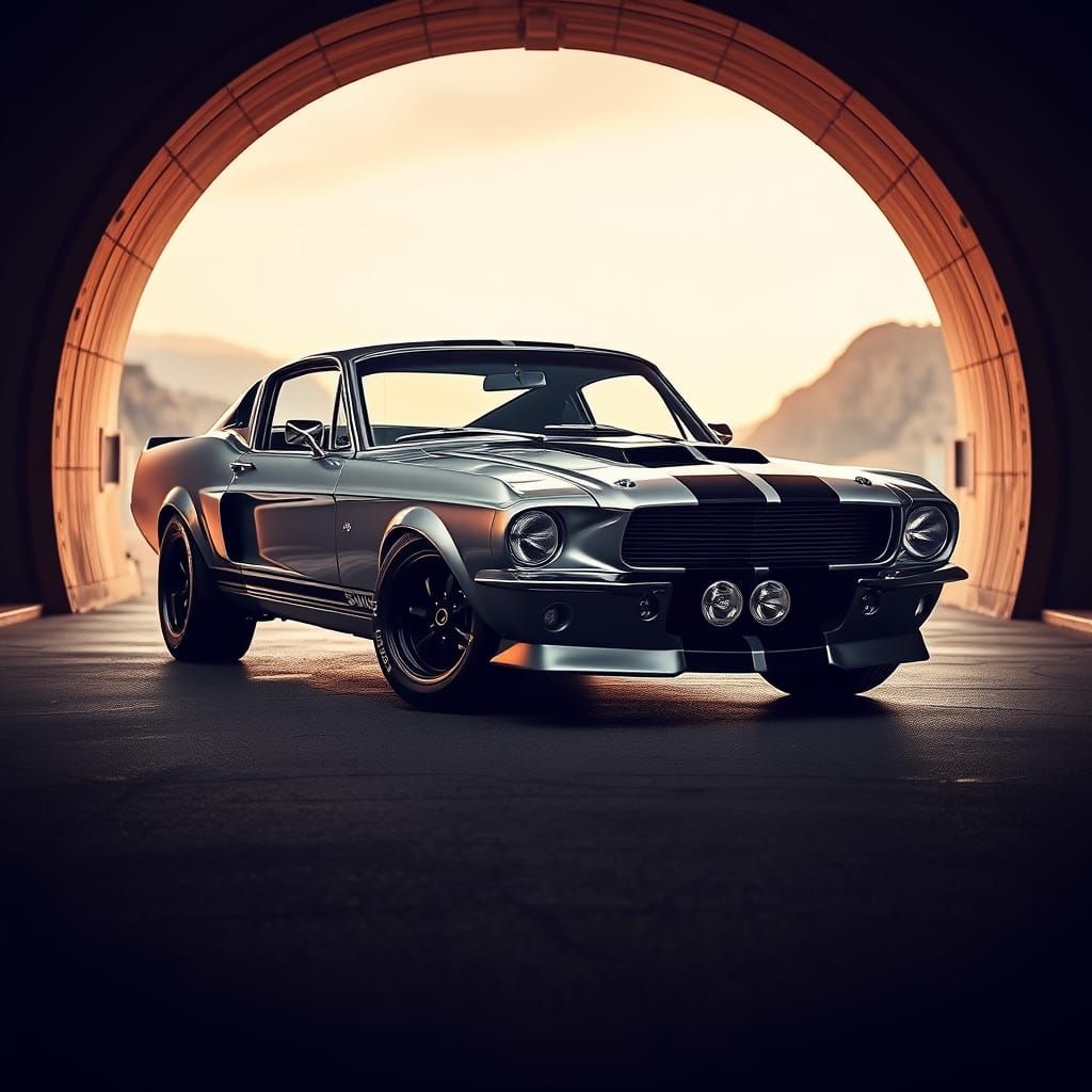 Futuristic 1967 Mustang Shelby GT500 Emerging from Portal