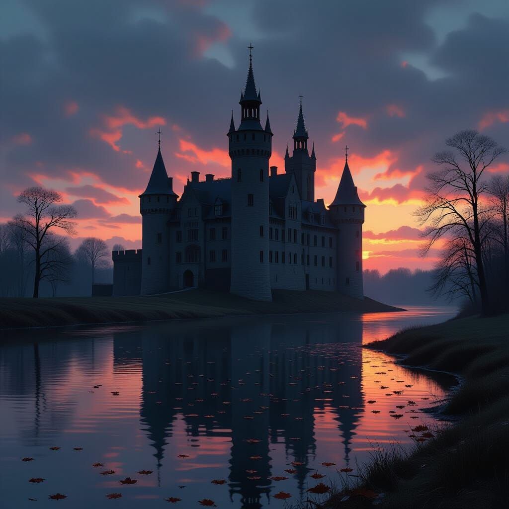 Ancient Castle Silhouette Against Twilight Sky