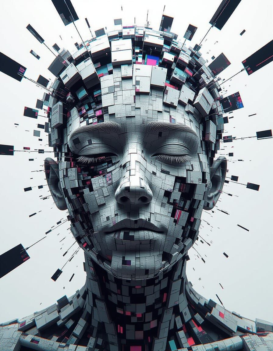 Fragmented Digital Face in Cyberpunk Style