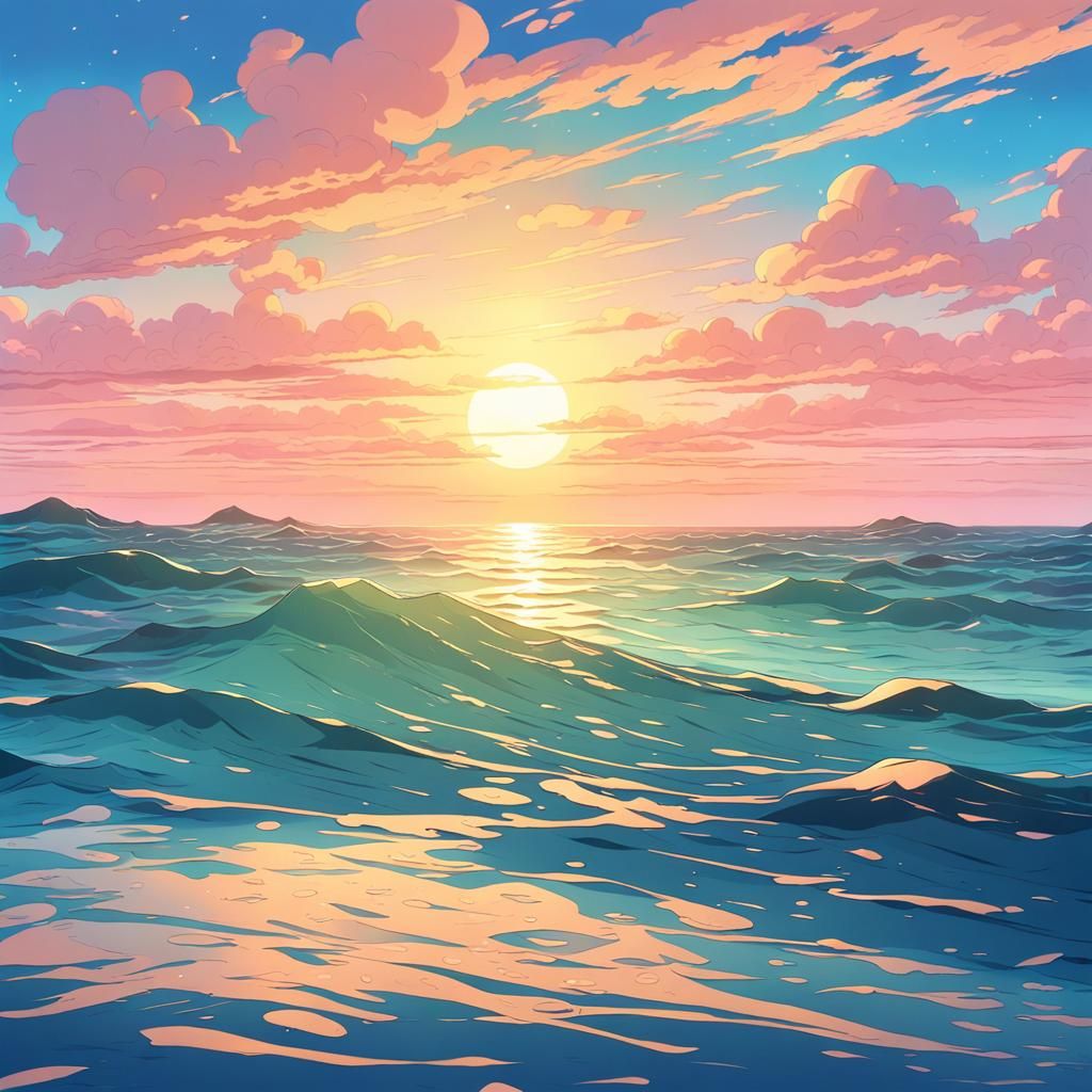 Anime Sunrise Over Serene Sea in Cel-Shaded Style