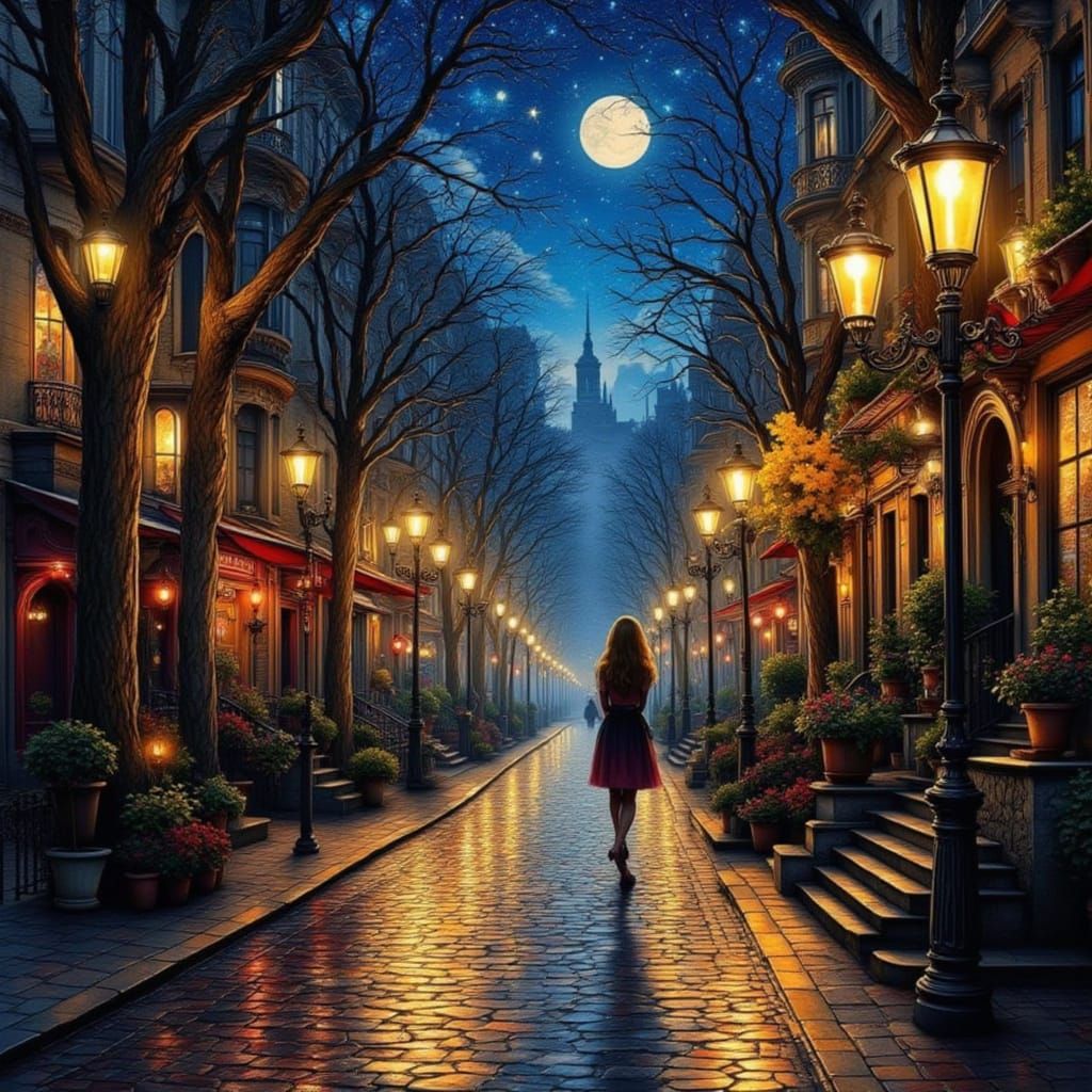 Neo-Traditional Romantic City Street at Night