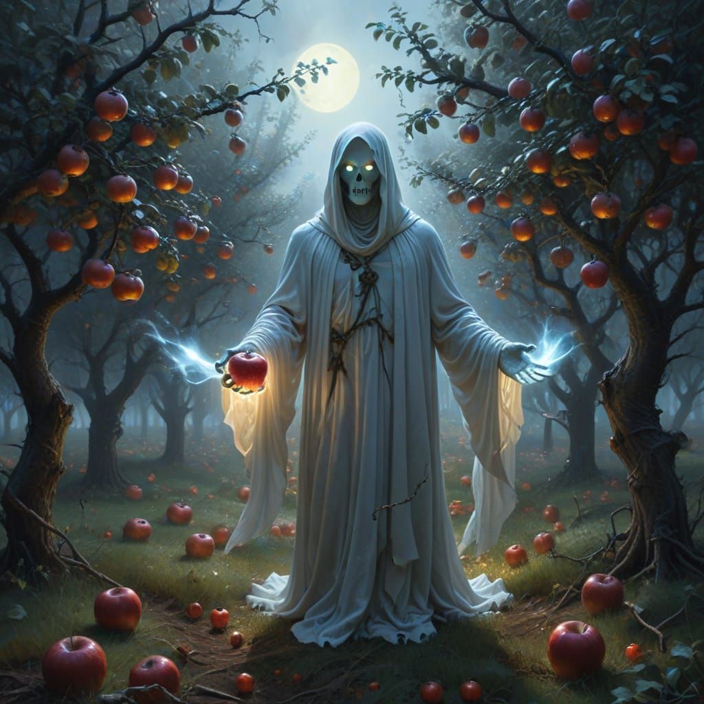 Ethereal Ghost Tends Glowing Apple Orchard