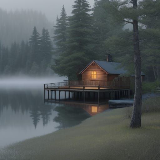 Serene Cabin by Tranquil Lake at Dawn