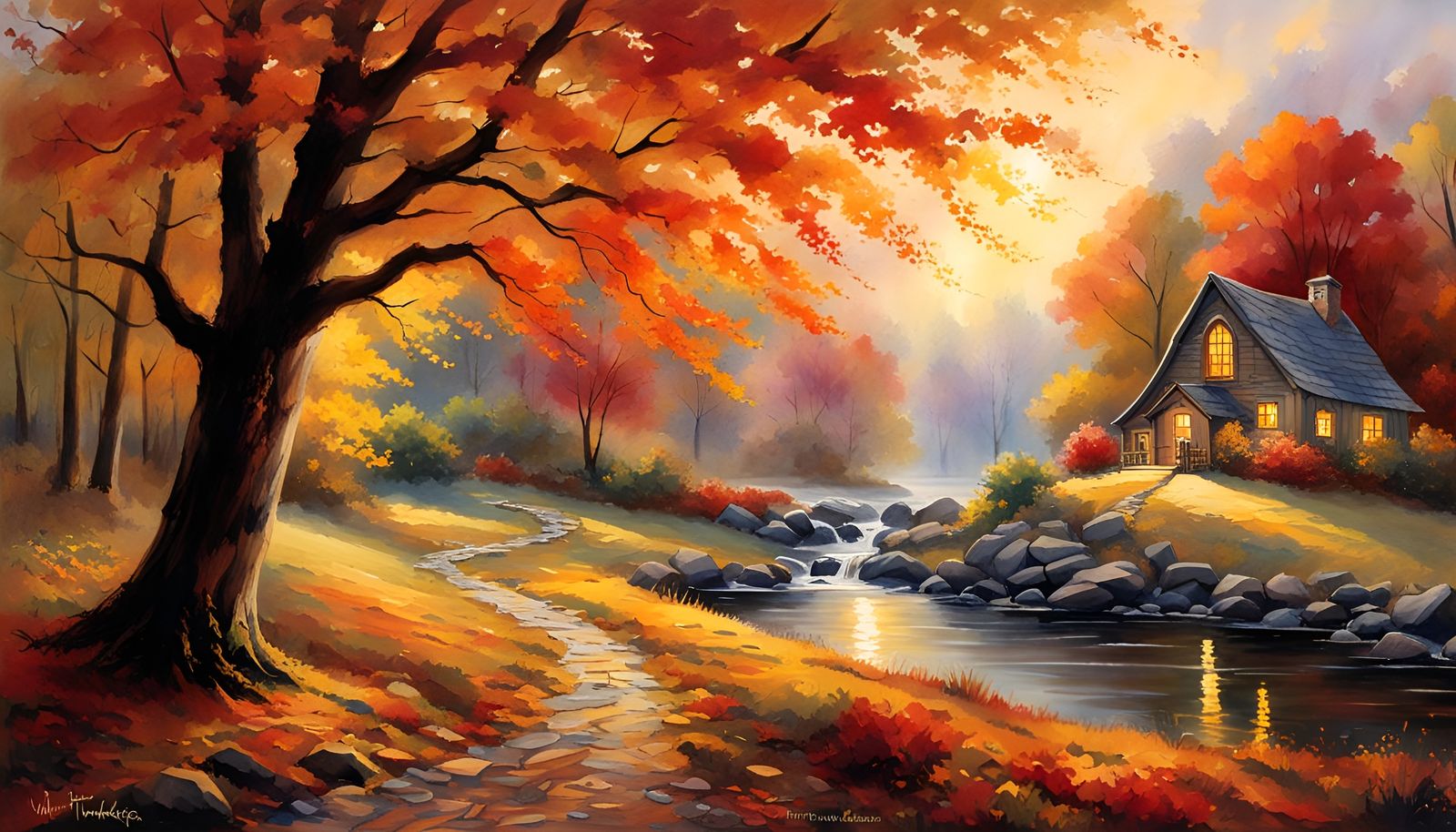 Autumn Landscape in Folk Art Watercolor Style