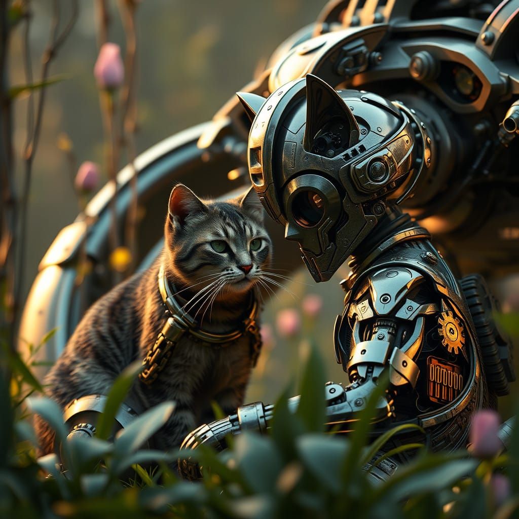 Cyberpunk Cat and Cat Woman in Futuristic Garden