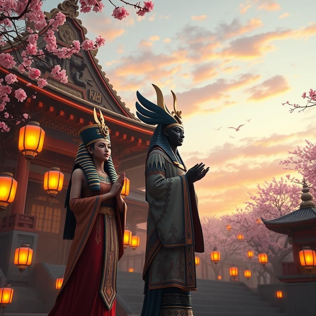 Egyptian Gods Praying at Japanese Temple, Matte Painting