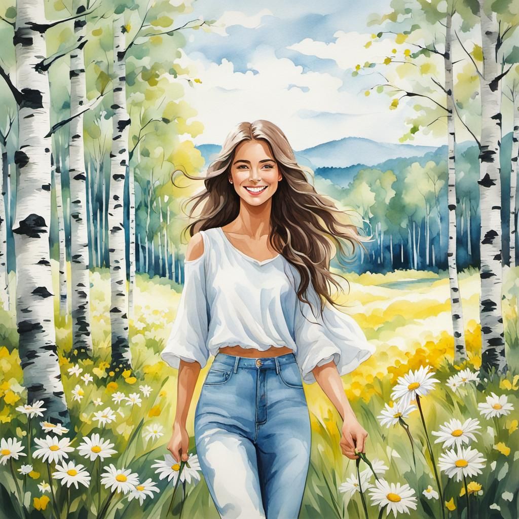 Girl in Daisy Meadow Ink Painting
