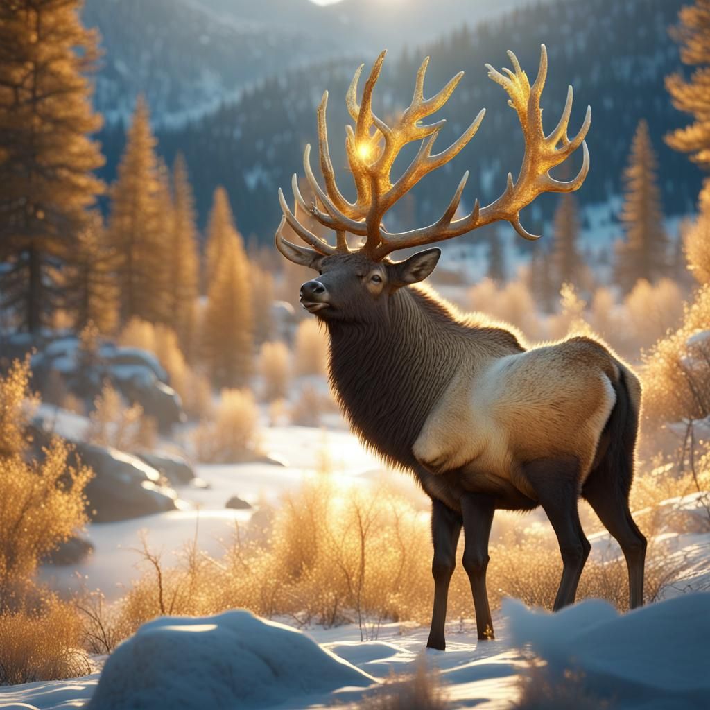 Elk in Rocky Mountains with Golden Frost Crystals