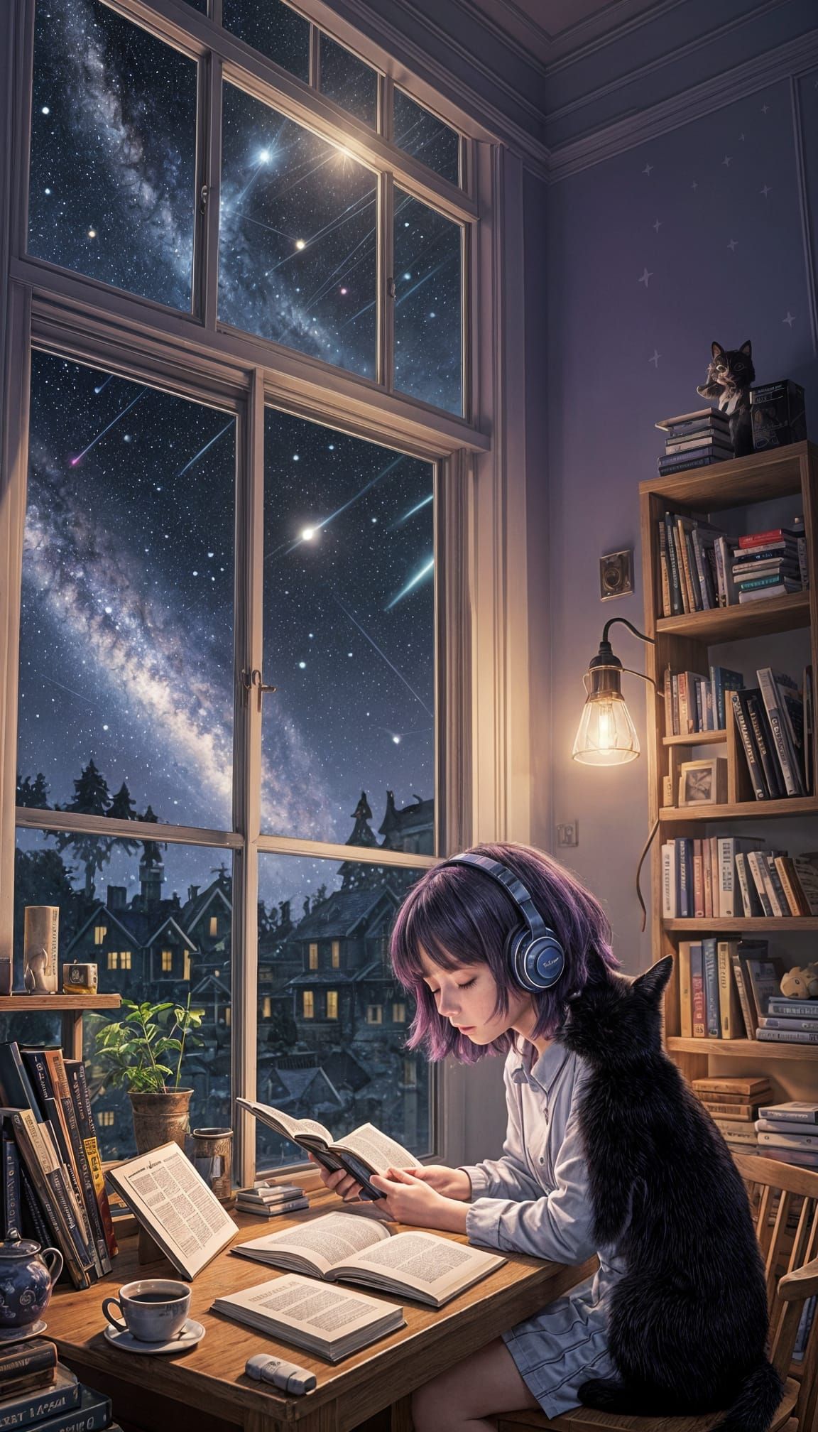 Lofi Girl Reading at Night with Comet Sky