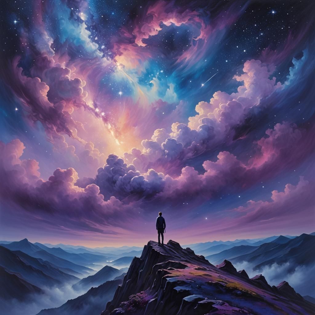 Cosmic Dreamscape: Starlit Peak in Oil Paint