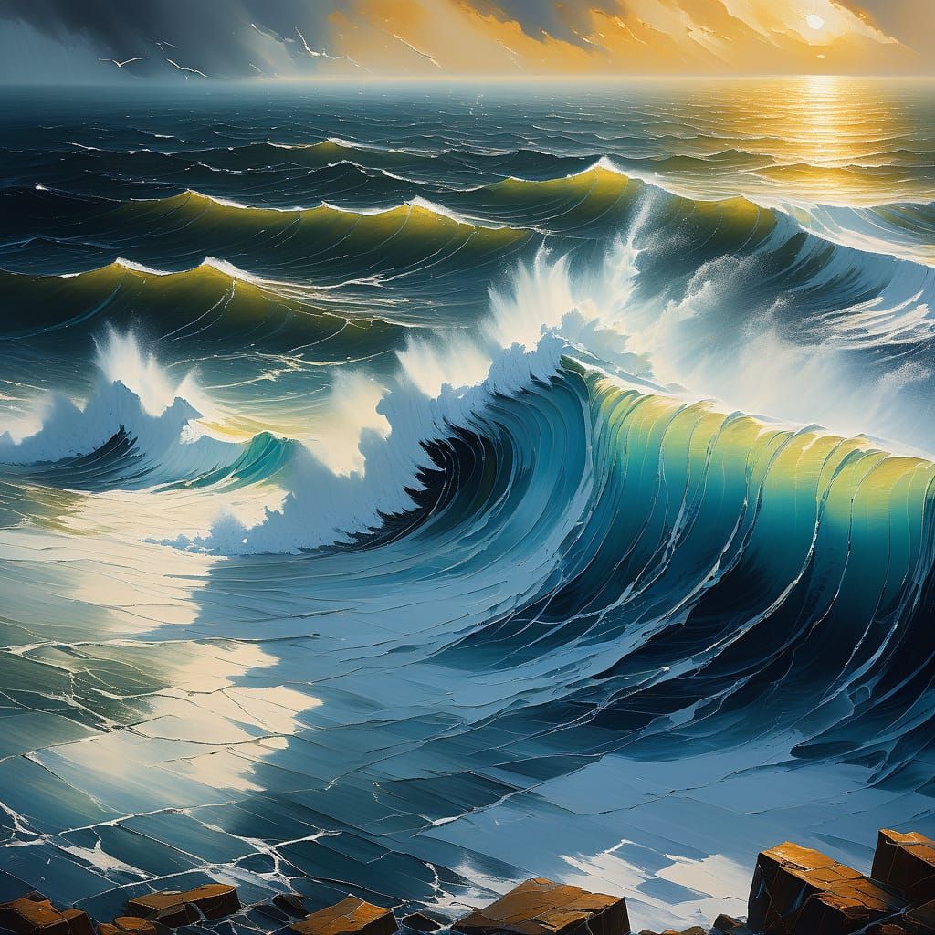 Cinematic Oil Painting of Turbulent Waves