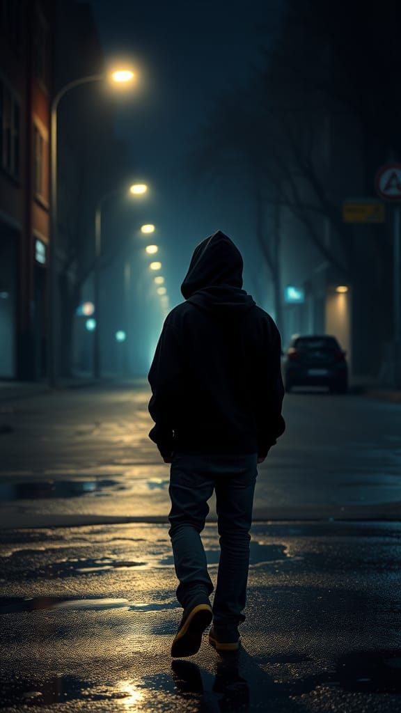 Boy Walking on Wet City Street at Night