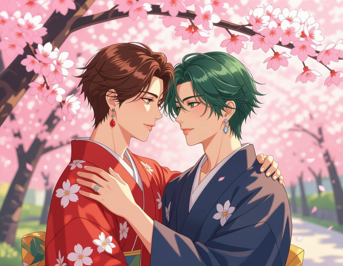 Ukiyo-e Embrace in a Cherry Grove