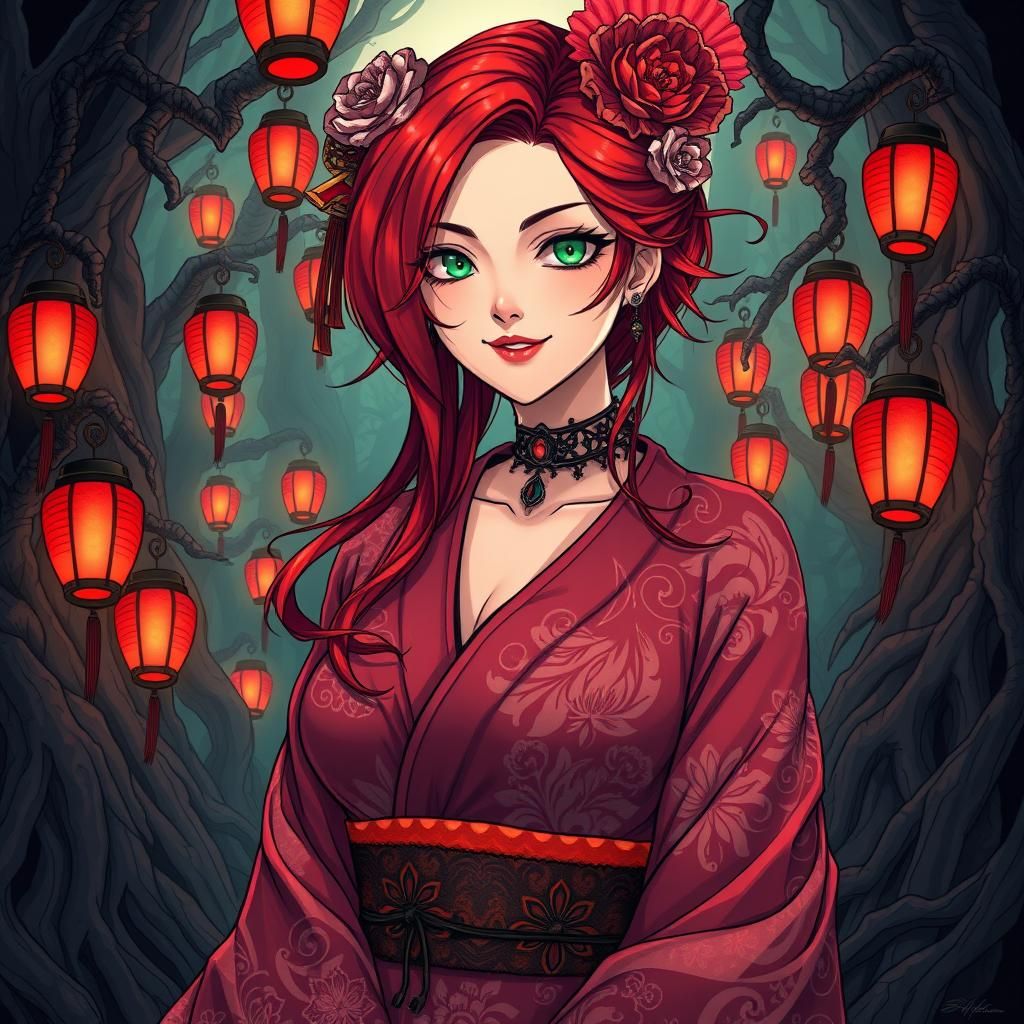 Crimson-Haired Beauty in Gothic Kimono, Anime Style