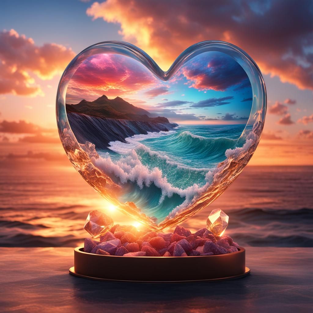 Ocean Waves in Heart-Shaped Glass Container