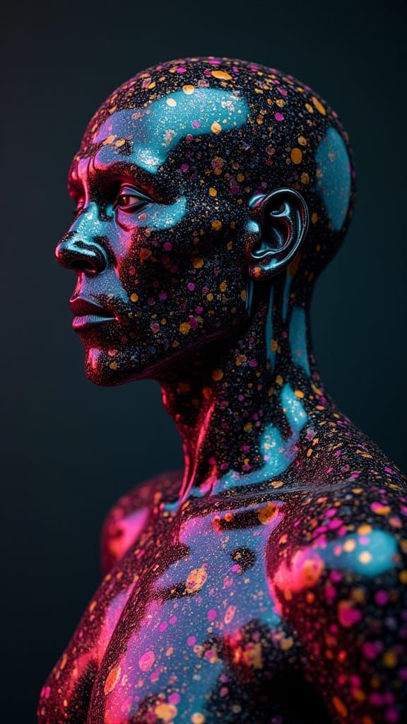 Man with Birthday Patterned Glass Skin Reflecting Neon Ads