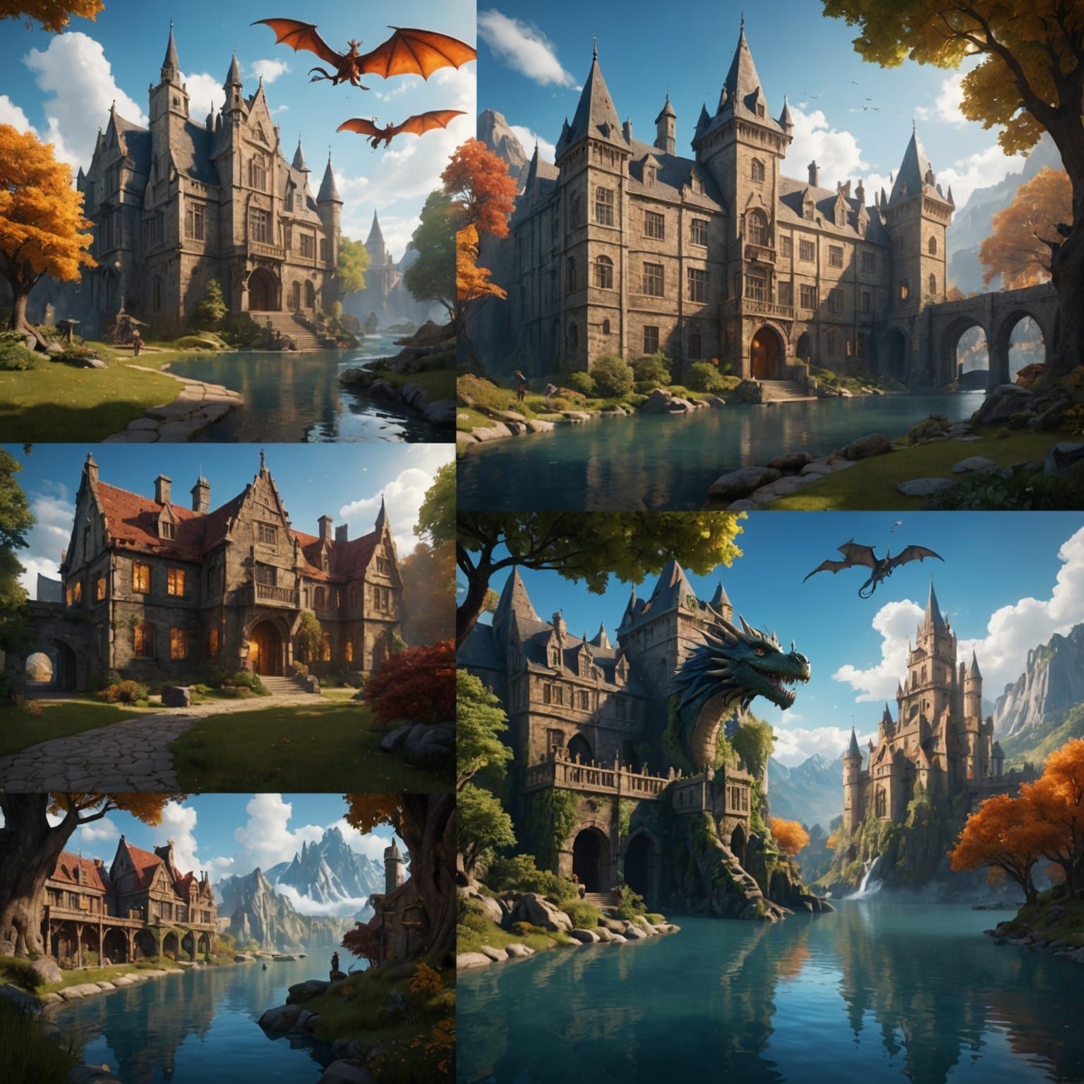 Elemental Magic School with Dragons in Fantasy Art