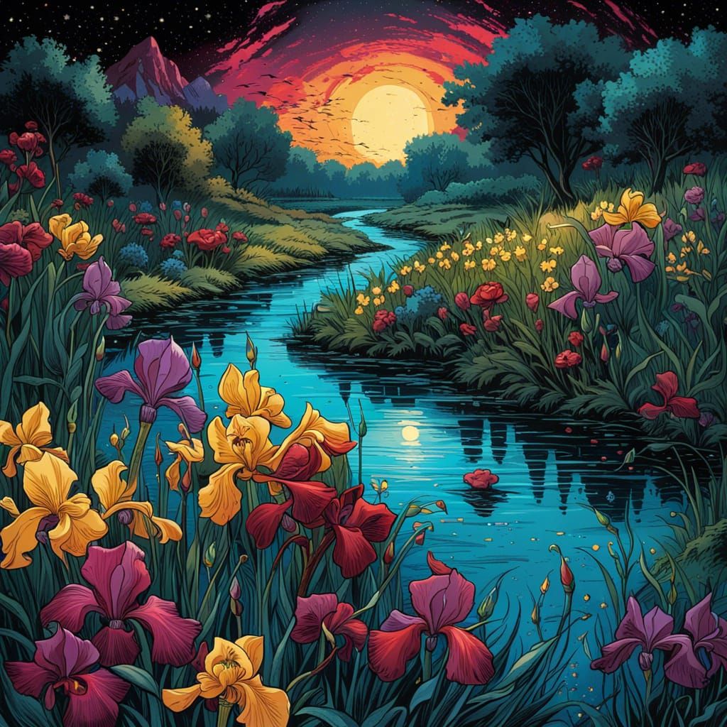 Enchanted Flower Meadow Under Starry Night Sky