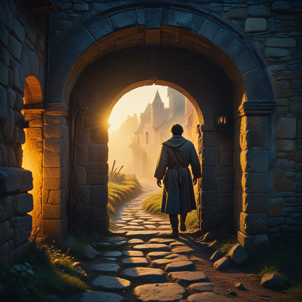 Scientist's Medieval Portal: A Cinematic Film Still