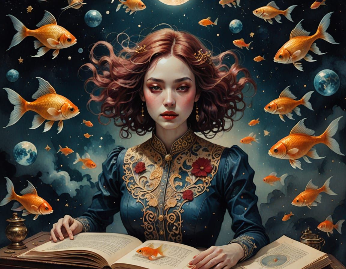 Surrealistic Watercolor Woman in Outer Space with Folk Art S...