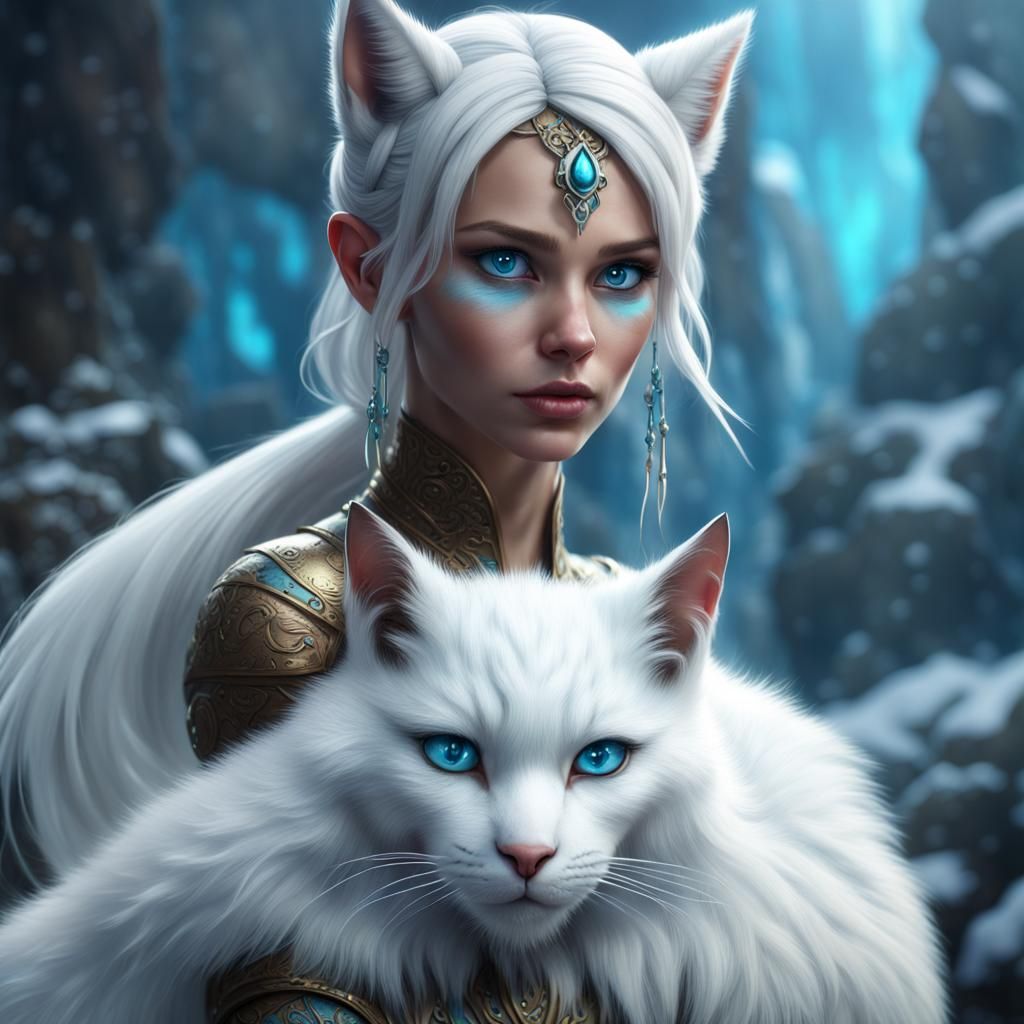 White Fur Catgirl with Blue Eyes, Fantasy Art