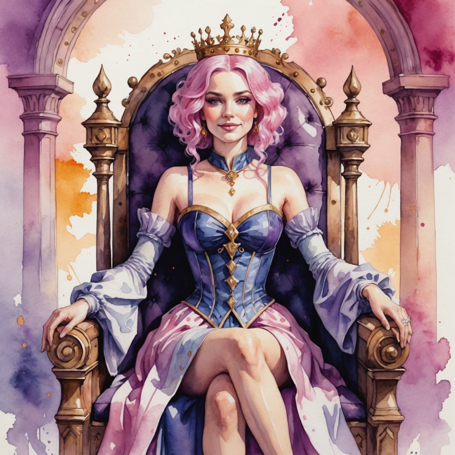 Pink-Haired Queen on Throne in Watercolor Style