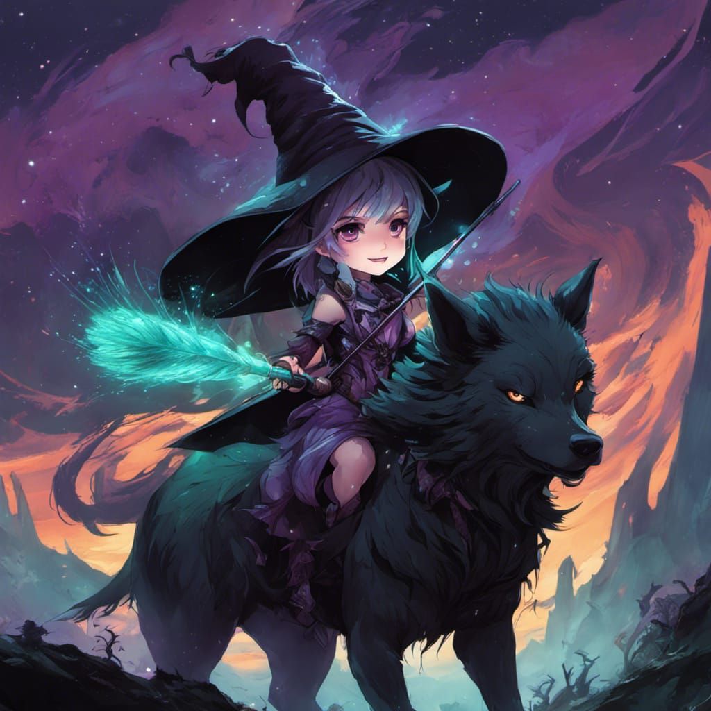 Chibi Witch Rides Worg in Bioluminescent Dark