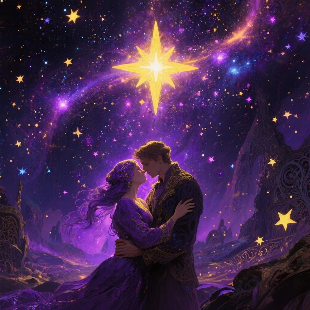 Cosmic Lovers Embrace Under Radiant Starry Sky