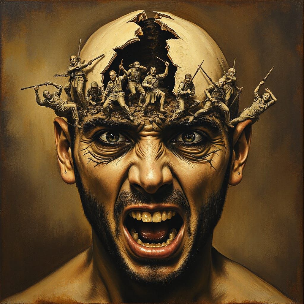 Tormented Man's Face Reveals Inner Turmoil as Mixed Media Po...