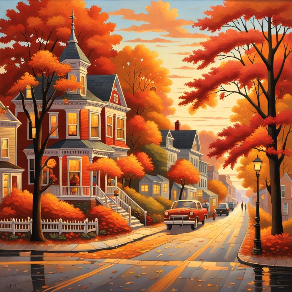 Quaint Rhode Island Town in Autumn, Wysocki Style