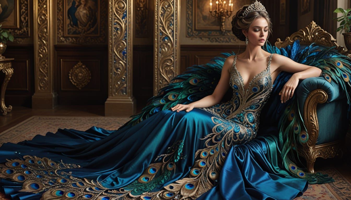 Beautiful Woman in Royal Blue Silk Gown with Peacock Feather...