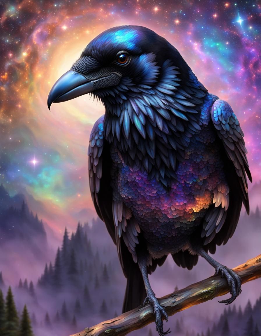 A 3D holographic Galaxy Raven Crow Bird