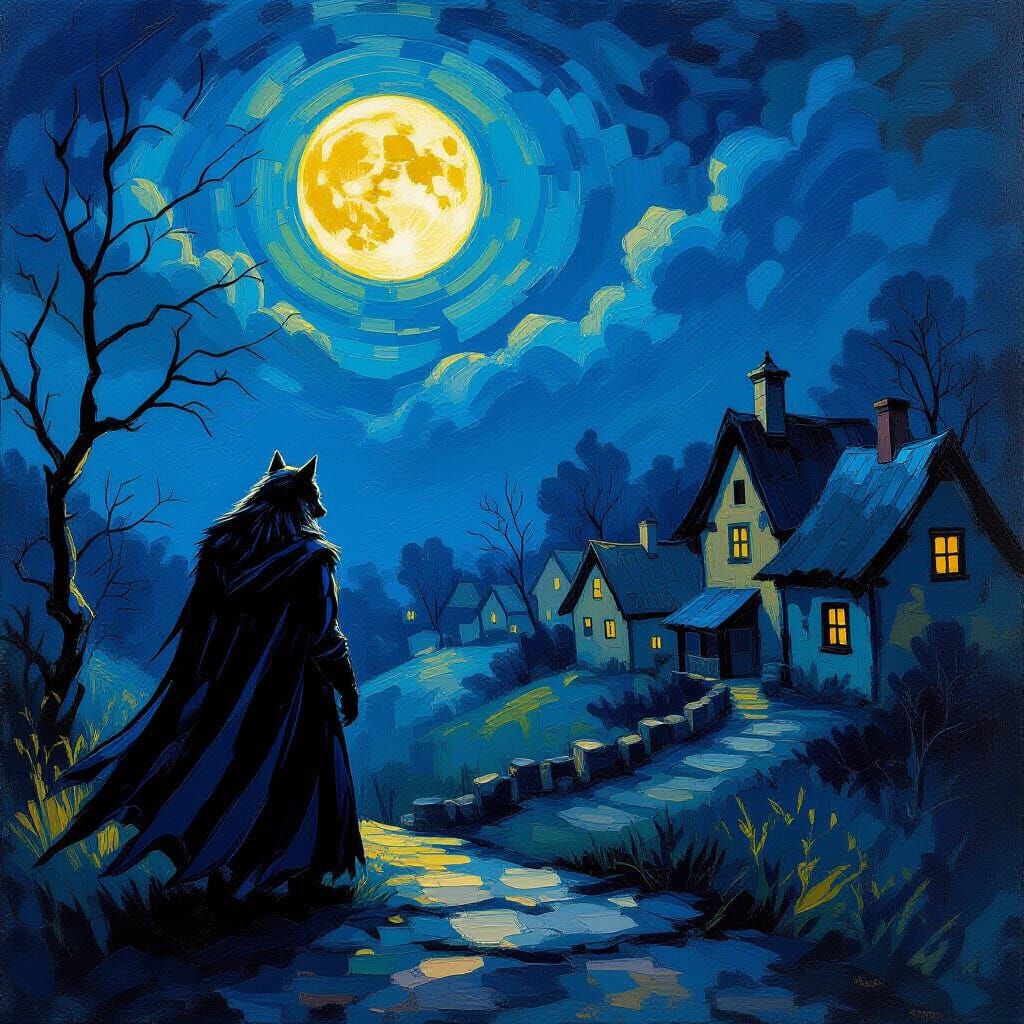 Werewolf Guards Moonlit Village in Impasto Oil Style
