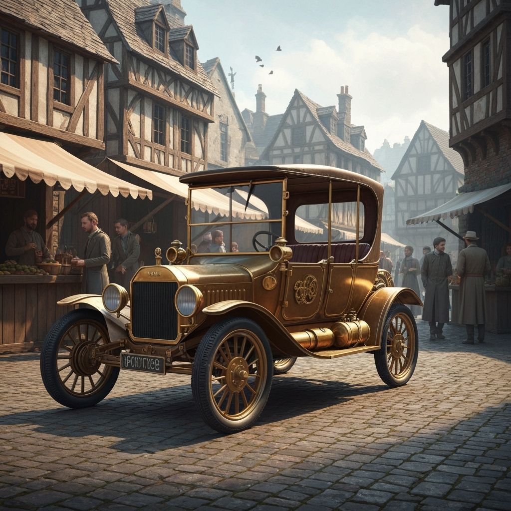 Steampunk Ford Time Machine in Medieval Market
