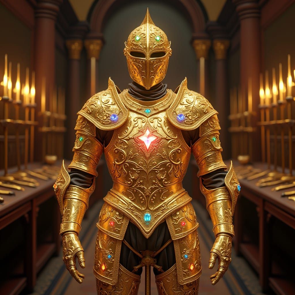 Golden Armor Shines in a Fantasy Armory