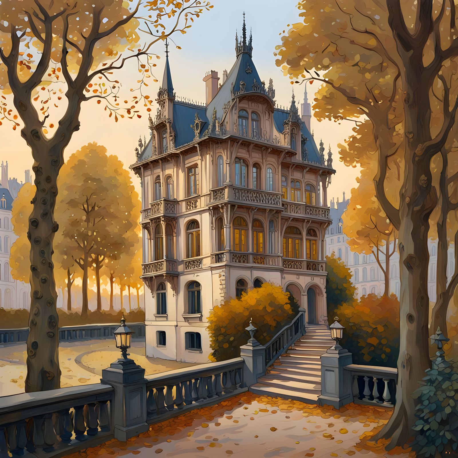 Elegant Neorenaissance Hunting Lodge in Autumn