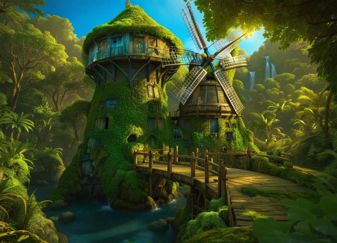 Lush Jungle Windmill in Studio Ghibli Style
