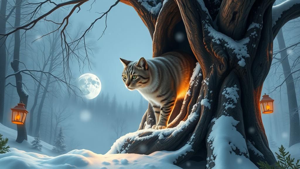 Majestic Cat Emerges from Ancient Tree