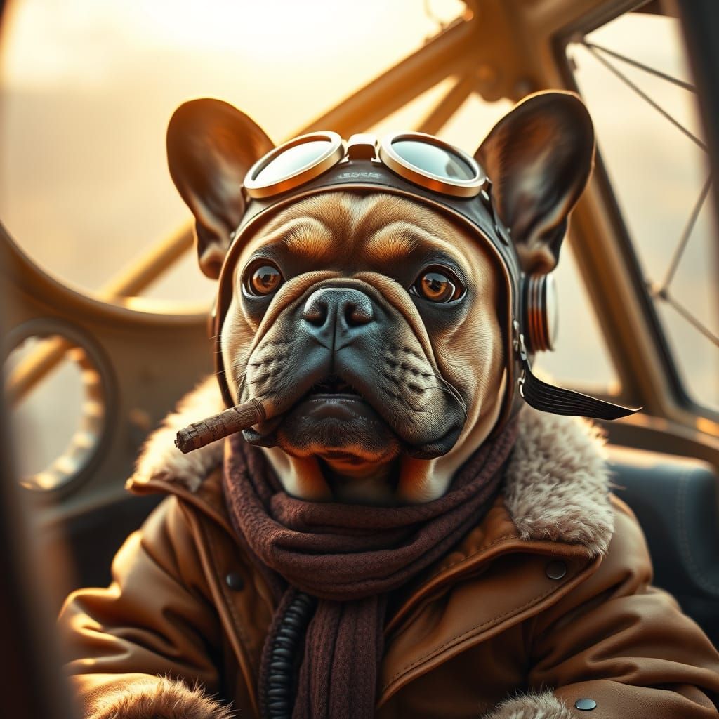 A French bulldog in the cockpit of an airplane.