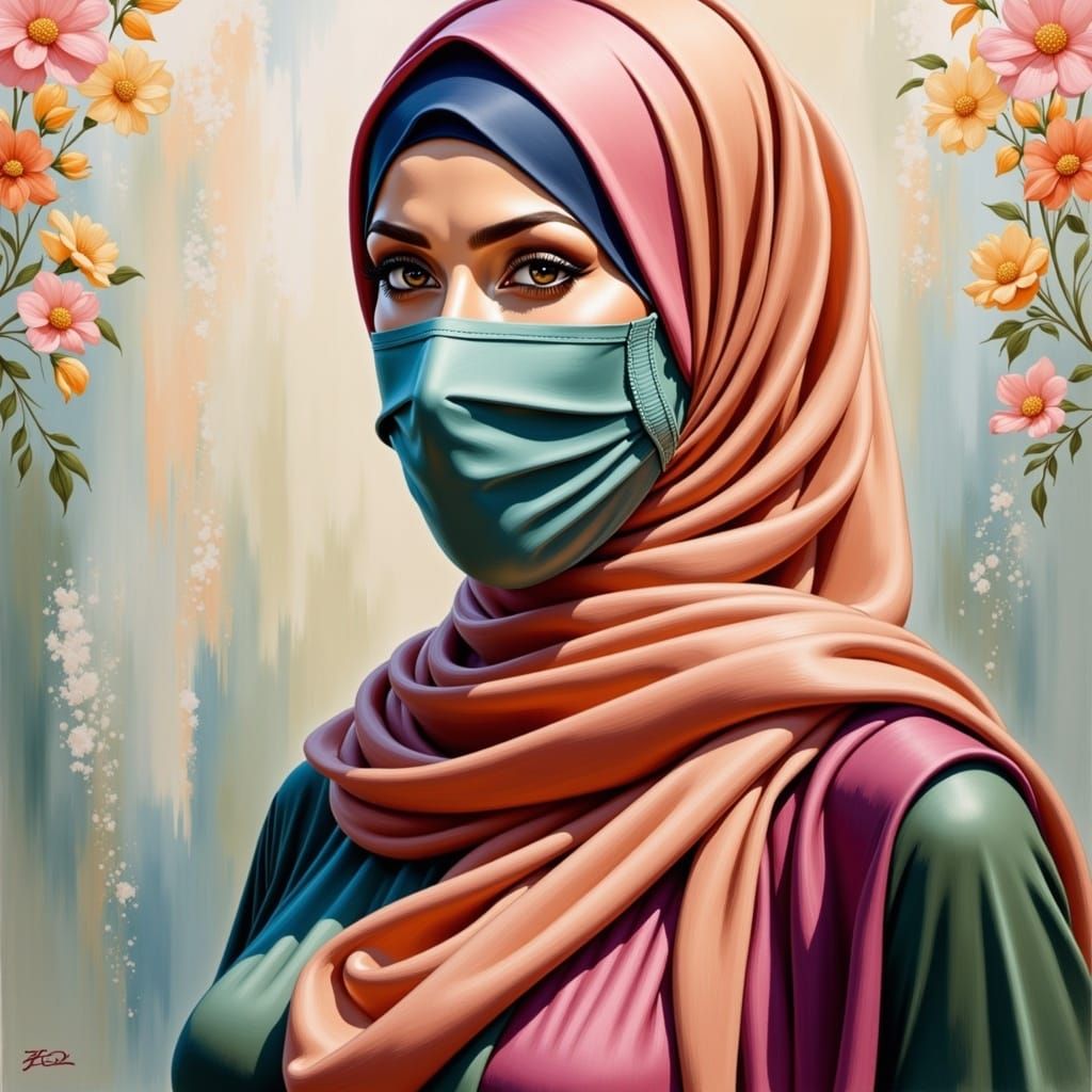Elegant Woman in Hijab: Oil Gouache Painting